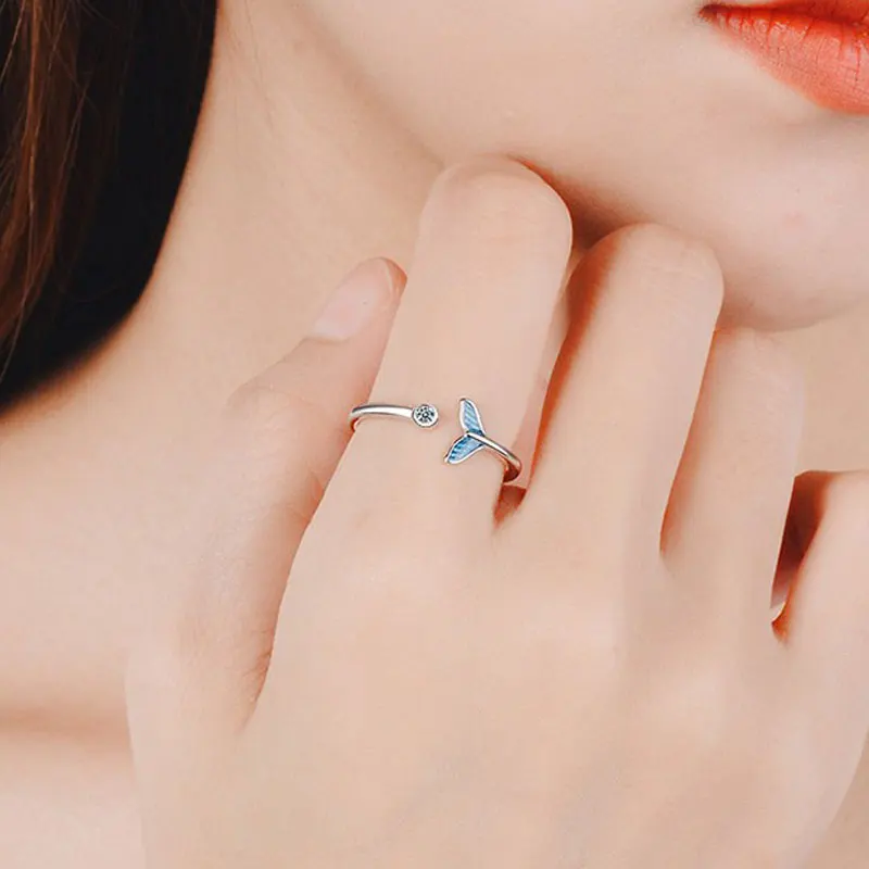2019 New Arrival 925 Sterling Silver Ring For Women Mermaid Fish Tail Fresh Blue Sea Crystal Rings Sweet Jewelry | Украшения и