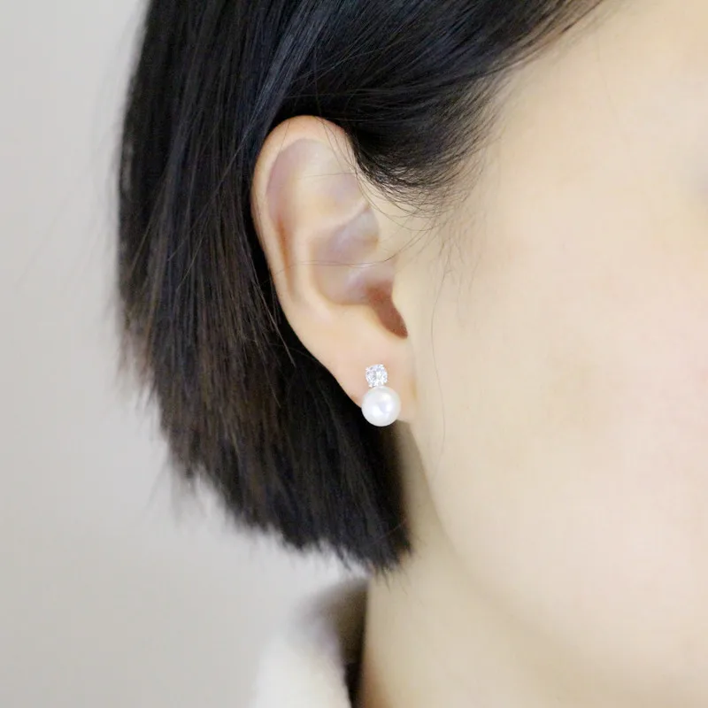 CZ горный хрусталь реального Серьги с жемчугом круглая кнопка белый из