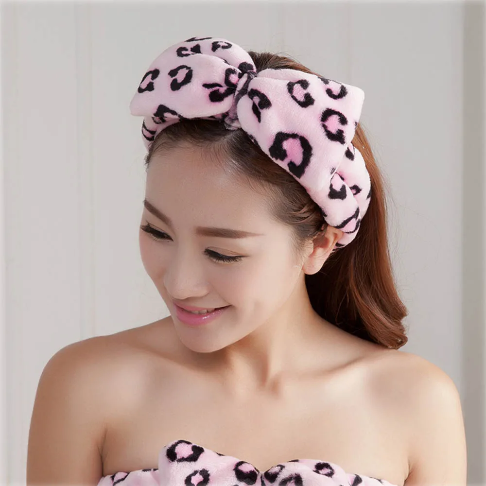 

CN Coral Fleece Bow Headbands For Women Girls Wash Face Makeup Bath Solid Striped Polka Dots Hairband Turban Hair Accessories