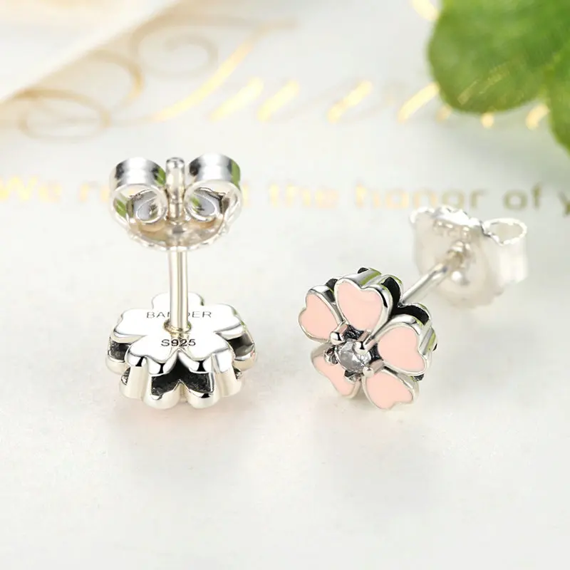 100% 925 Sterling Silver Fashion Pink flowers Crystal Ear Studs Earrings for Women Genuine Small Stud | Украшения и аксессуары
