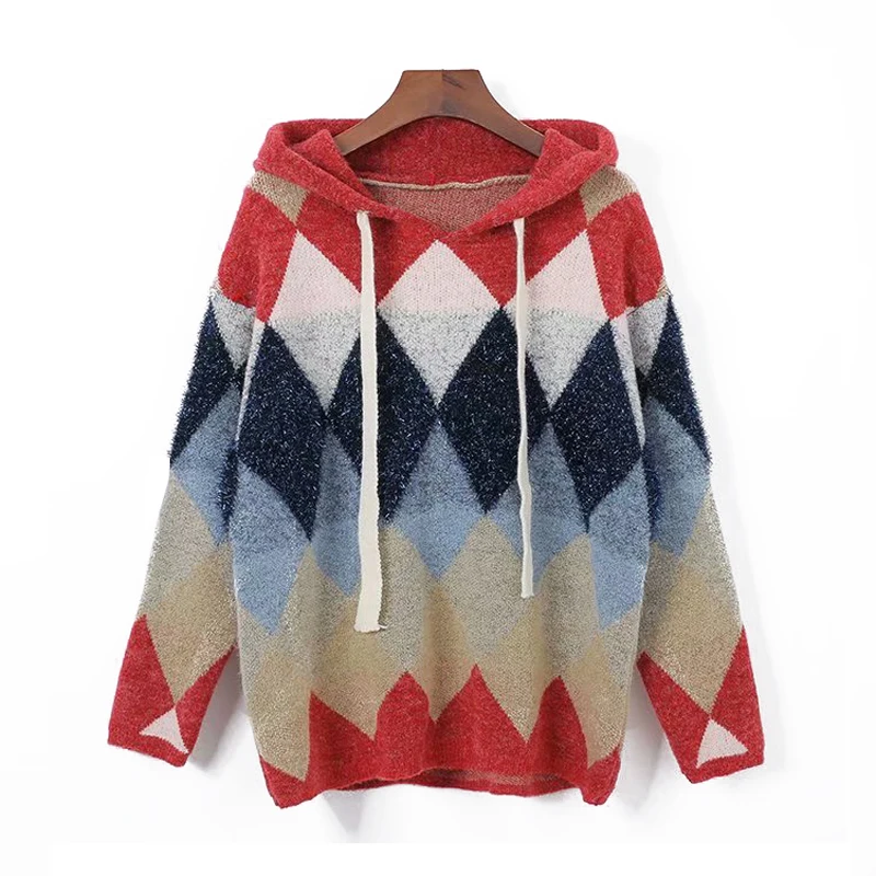 

PERHAPS U Women Sweater Knitted Pullovers Red Blue Lurex Bling Hooded Argyle Loose Winter M0053