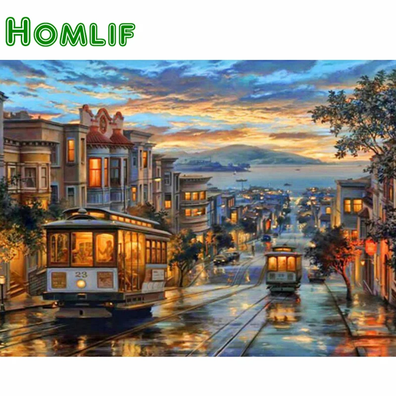 

Needlework City Street 5D Diy Diamond Embroidery Square Diamond Diamond Painting Tram Scenery Home Decoration Mosaic Picture