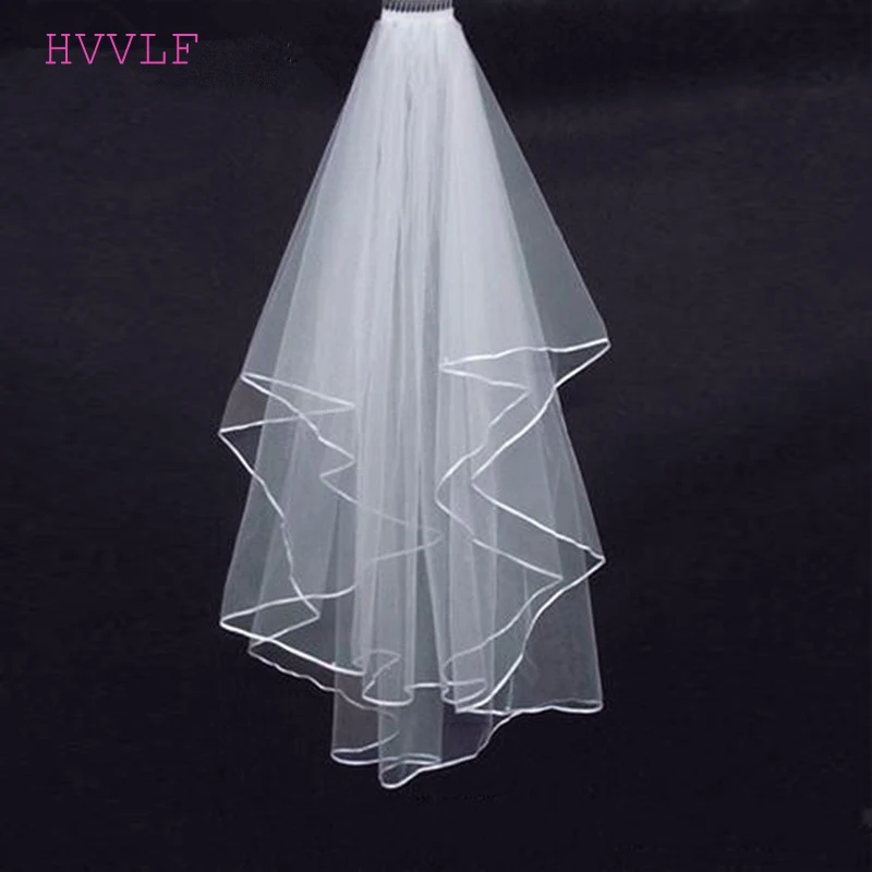 Свадебные аксессуары двухслойная свадебная фата с лентой по краю белая цвета