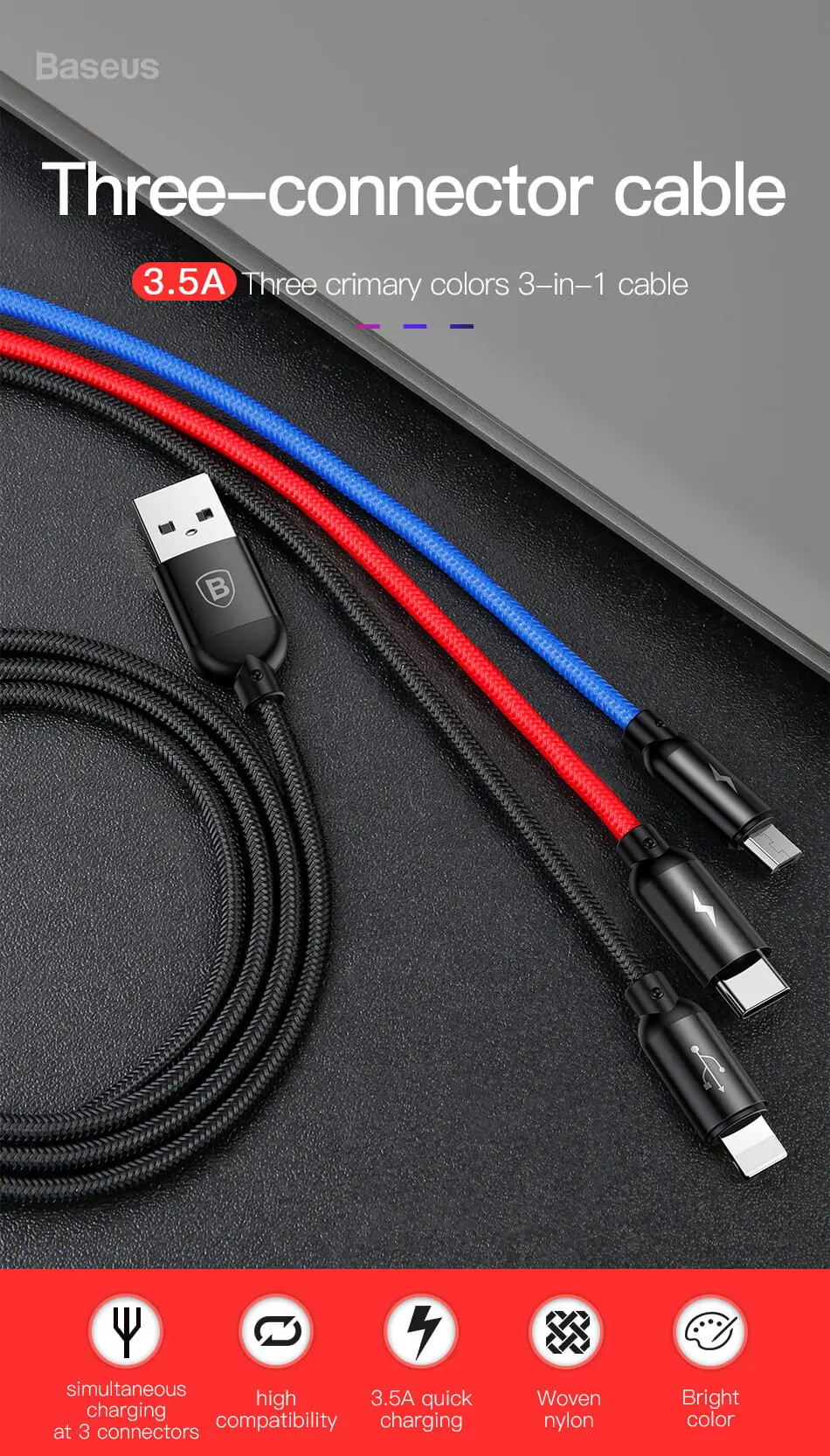 Baseus 3 в 1 USB зарядное устройство кабель Мобильный телефон Тип C для samsung S9 зарядный кабель для iphone xr iPhone XS MAX 8 Micro Зарядное устройство USB шнур кабель micro usb USB Type C