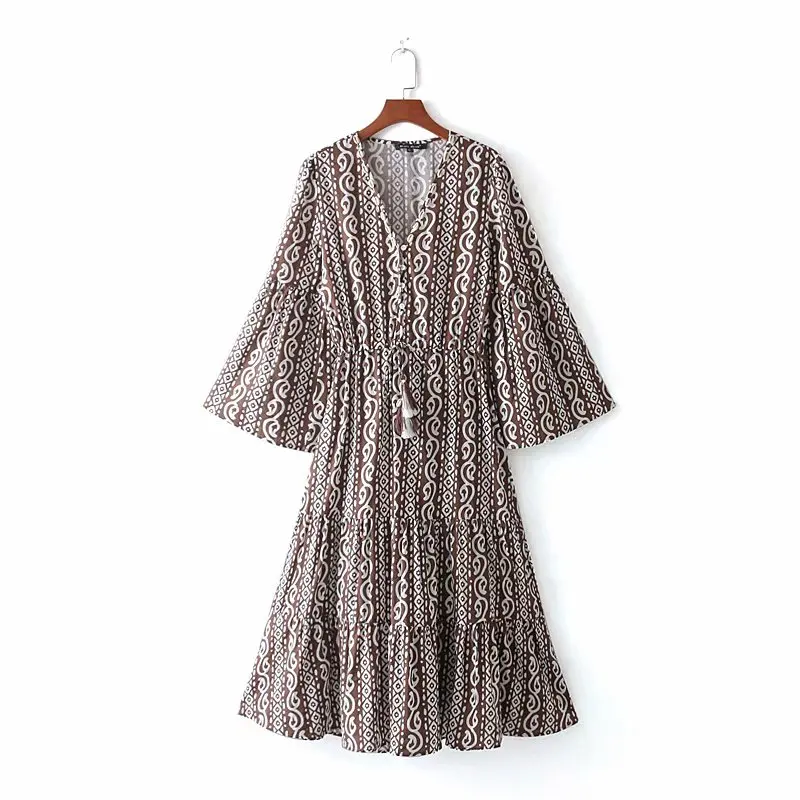 Женское винтажное платье до середины икры хлопковое свободное с принтом весна 2019
