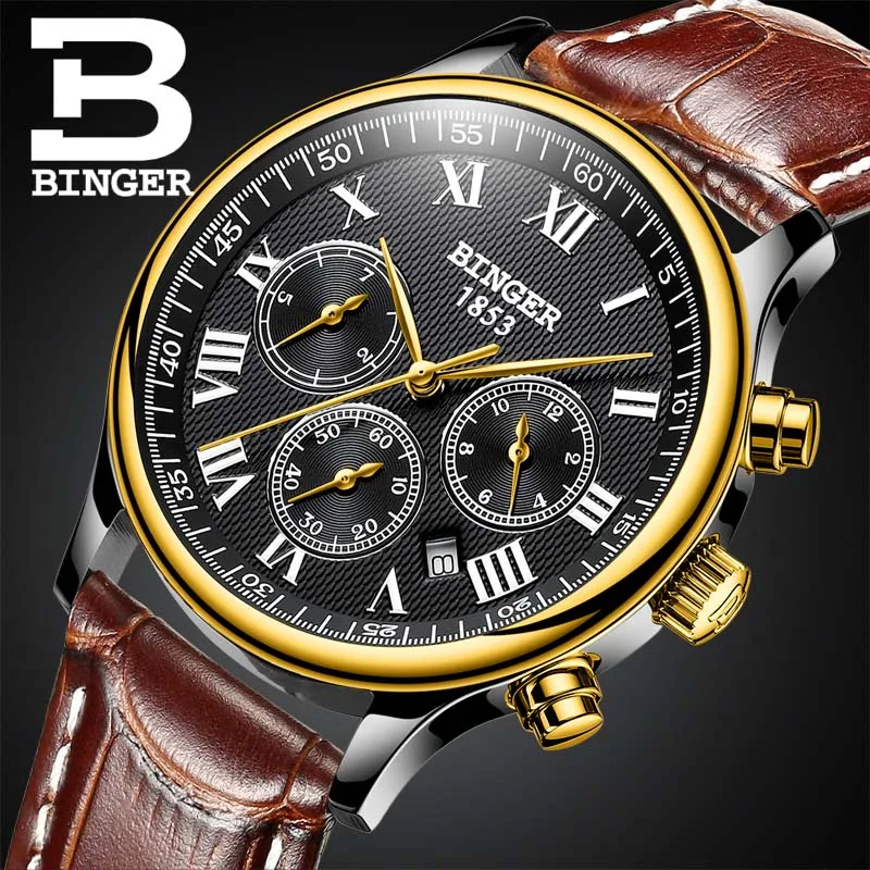 Watches Men Luxury Brand BINGER Automatic Mechanical Watch Waterproof Calendar Leather Wristwatch relogio masculino - Цвет: 08