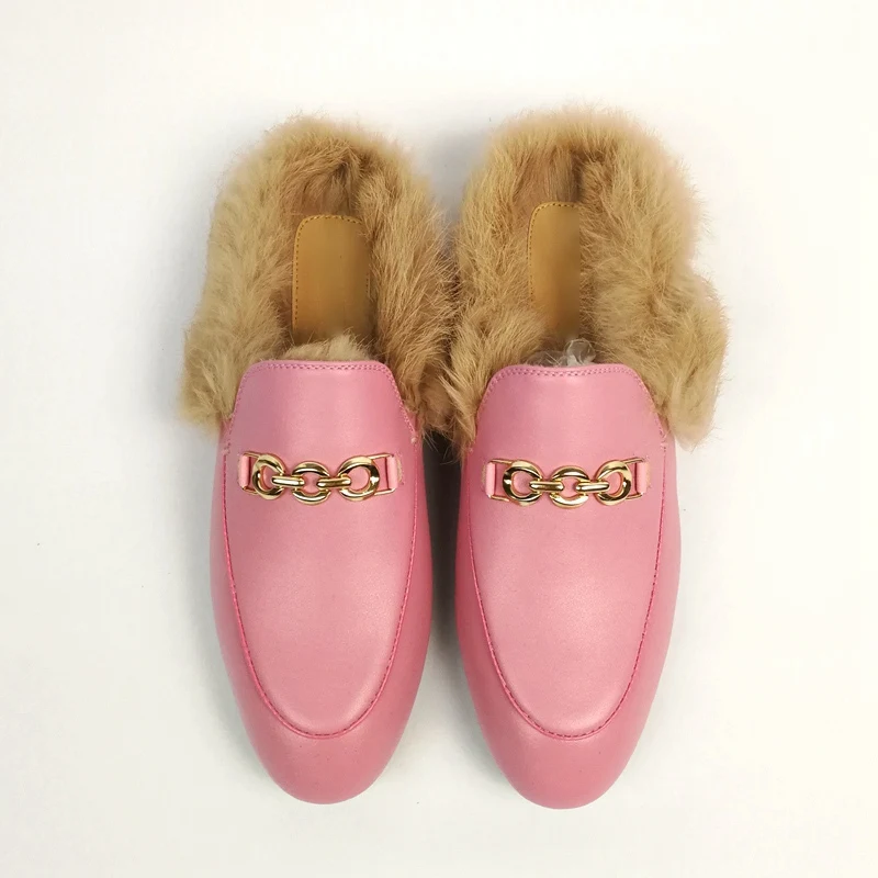 pink cow leather Lenkisen/Коллекция года; бренд суперзвезды; большие размеры; женские зимние уличные тапочки из натуральной кожи с вышивкой; слинбэки; слипоны на плоской подошве с натуральным мехом - Цвет: pink cow leather