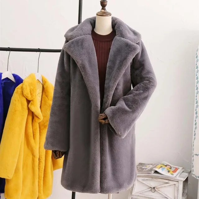 dark gray fur coat Уютные Шубы из искусственного кроличьего меха, шикарные женские зимние куртки, мягкие Меховые куртки из кроличьего меха, плотные теплые длинные пальто для женщин - Цвет: dark gray fur coat