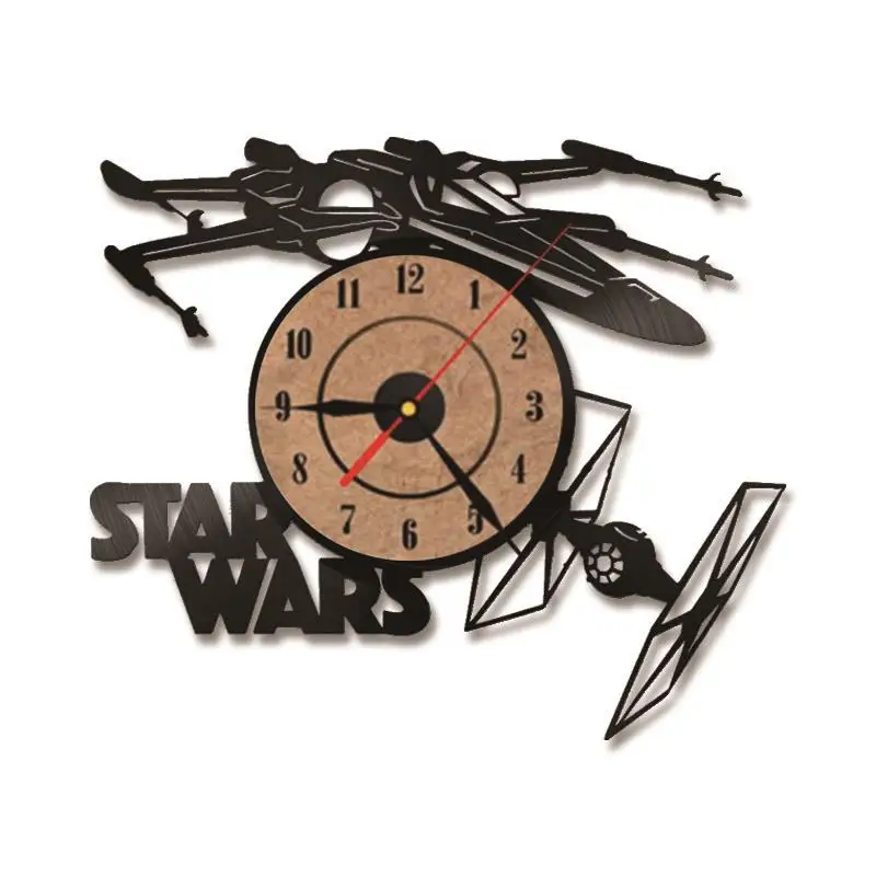 Creative Star Wars Theme Airplane Record Clock 3D Model Hollow Wall Clock Vinyl Record Material Antique Style Hanging Clock