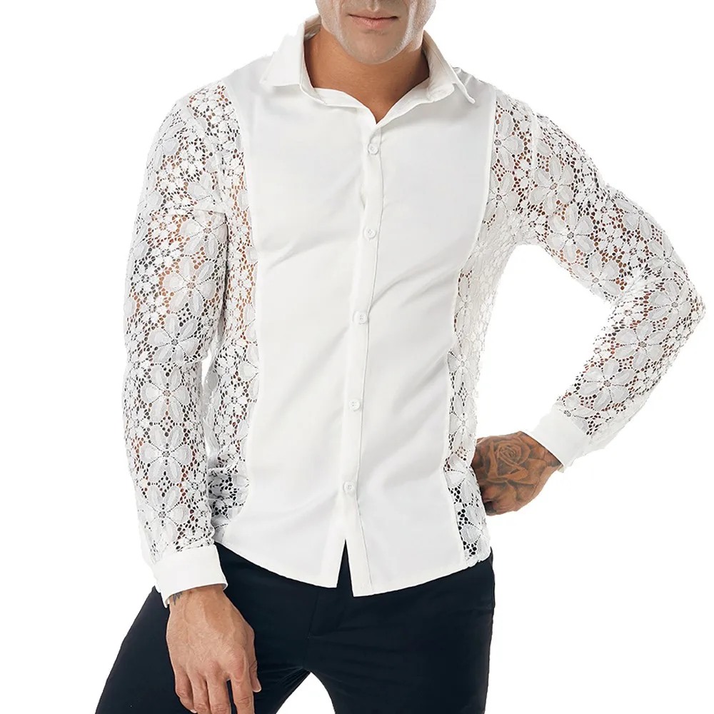 

Мужские осенние повседневные кружевные рубашки Camisa Social Masculina, рубашка с длинными рукавами, рубашка с вырезом, топ, блузка #4O16 # F