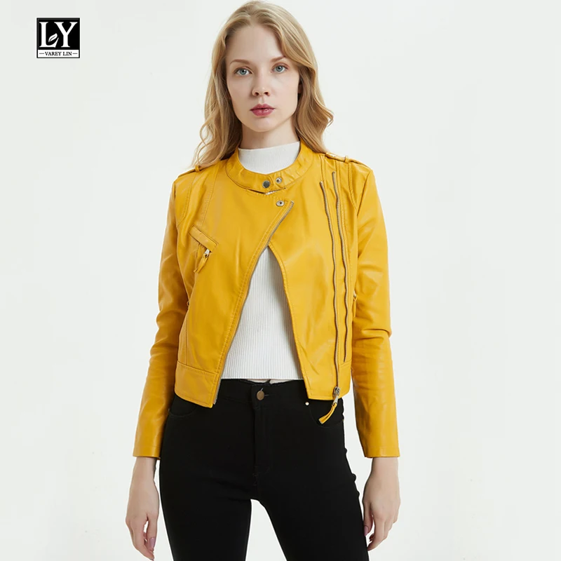 Ly Varey Lin осень искусственная мягкая кожа женские короткие погоны на куртке молнии Мотоциклетные Куртки из искусственной кожи Женская Желтая верхняя одежда