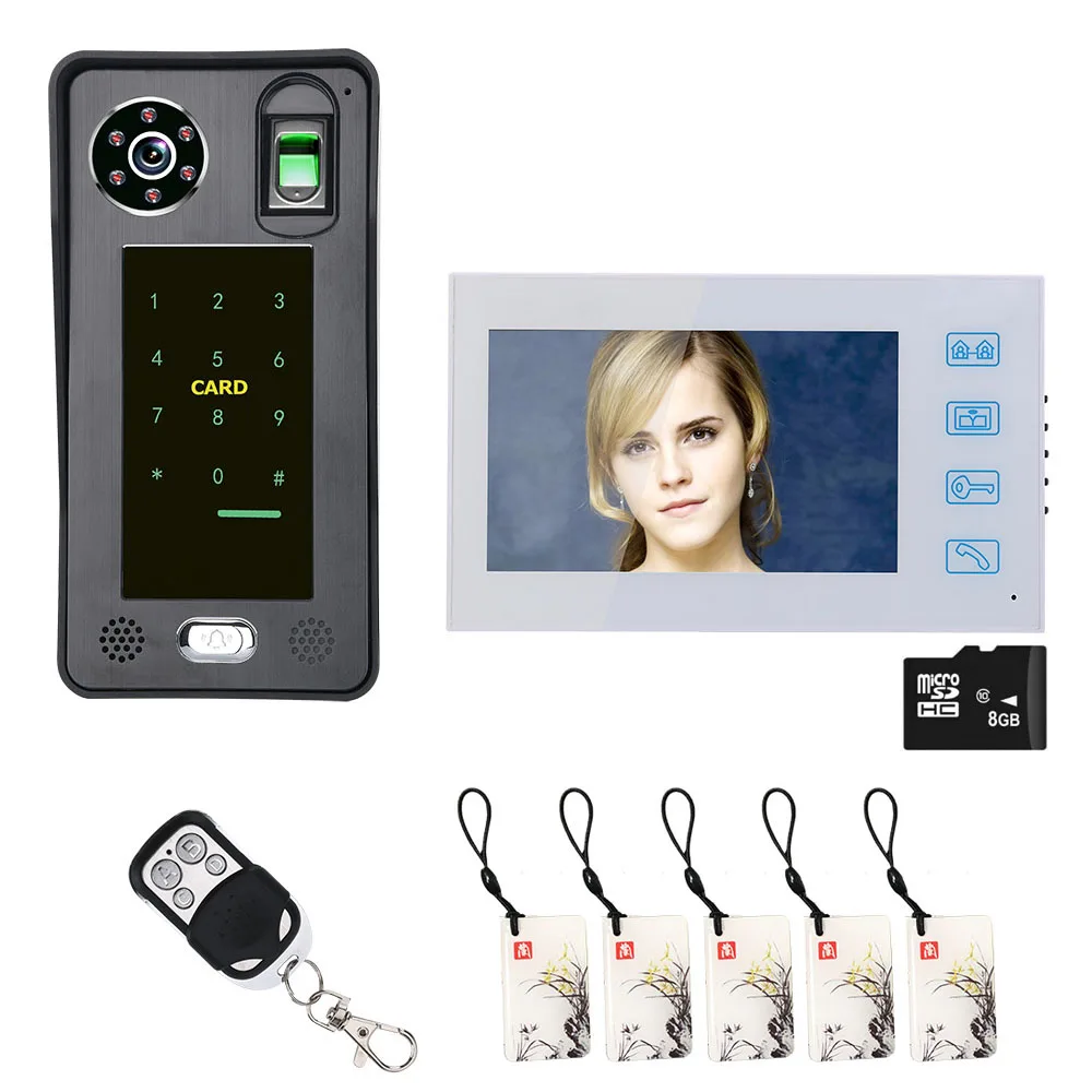 

7'' Wired Fingerprint RFIC Card Password Video Door Phone Doorbell Intercom Entry System with 1000TVL Camera+ 8GB TF Card