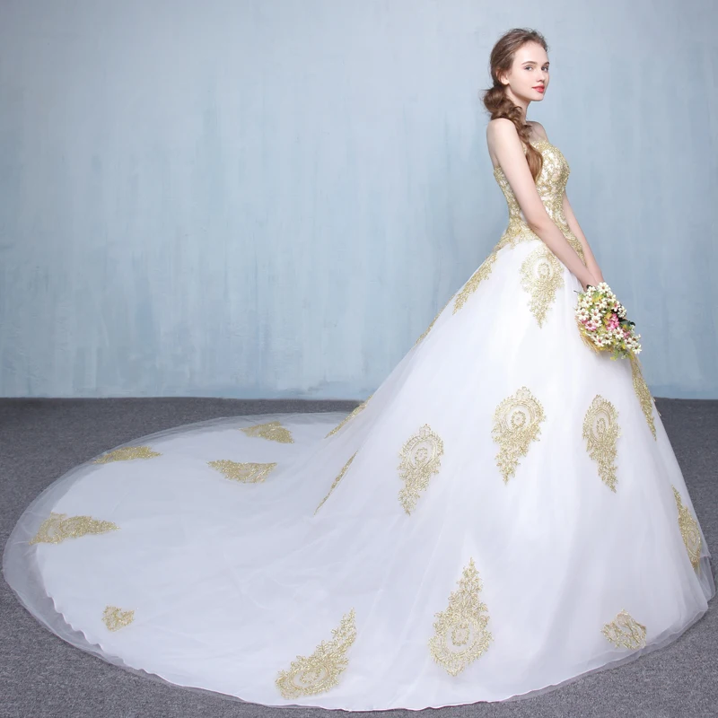 Женское платье с длинным шлейфом FADISTEE Золотое кружевное из тюля для свадебной