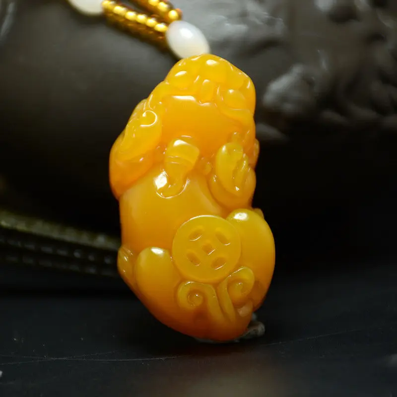 

Koraba Fine Jewelry Chinese Beautiful Natural Yellow Jade Hand-Carved Pi Xiu Luck Amulet Pendant Free Shipping