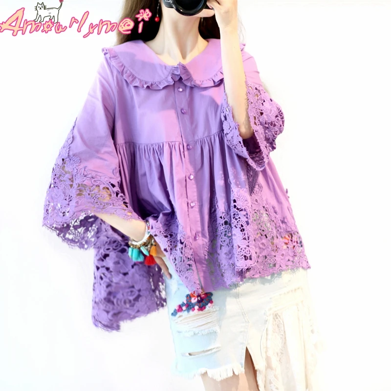 Женская летняя рубашка в стиле японской Девушки Мори милая свободная кружевная