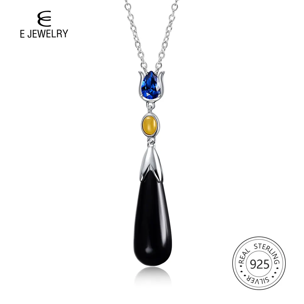 E Jewelry 925 Стерлинговое серебро подвеска в форме капель воды Black ожерелья с агатом