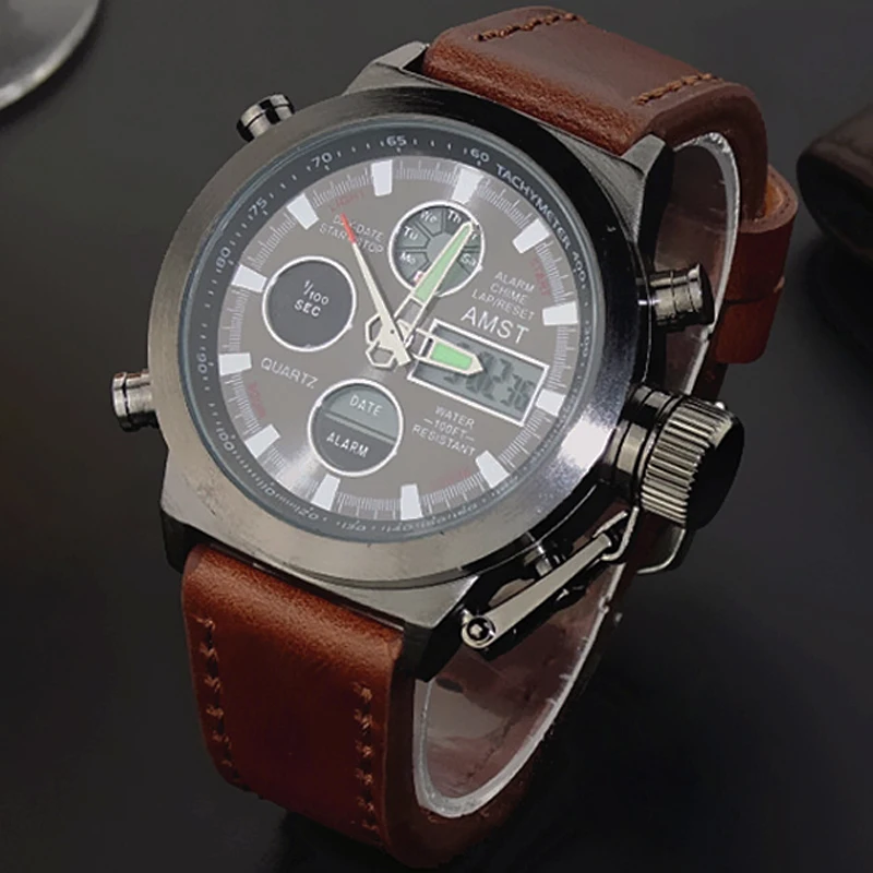 Часы Мужчины Люксовый Бренд AMST Спорт Кварцевые Кожаный Ремешок СВЕТОДИОДНЫЕ