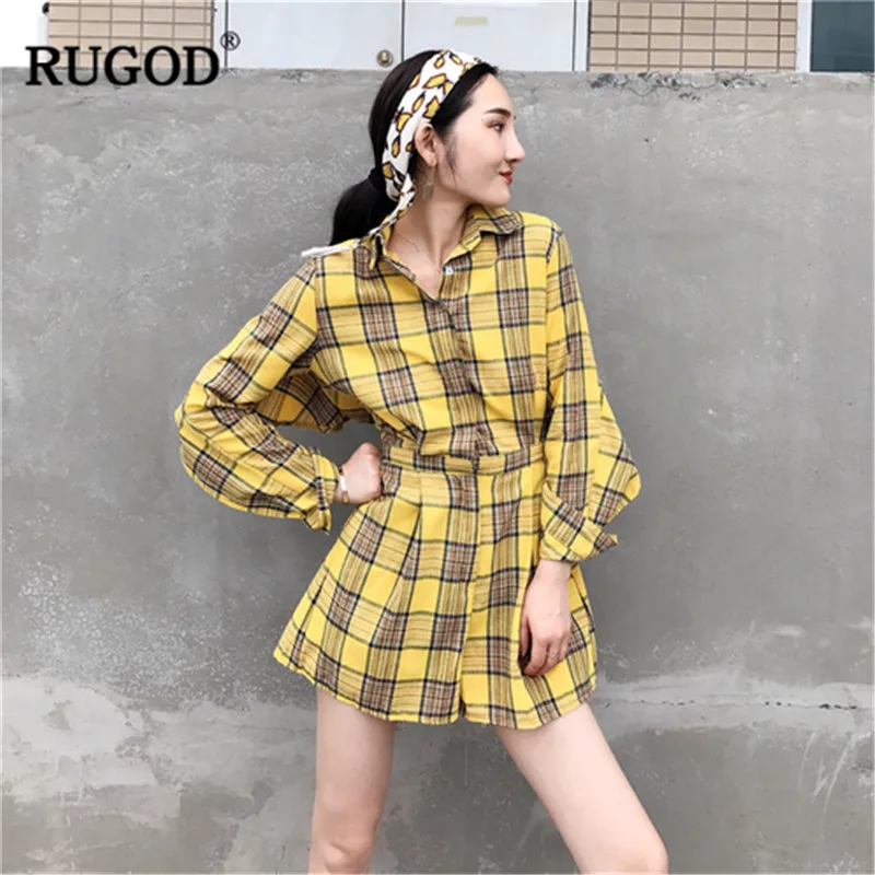 Женский винтажный костюм RUGOD клетчатый с длинными рукавами и короткими штанами в