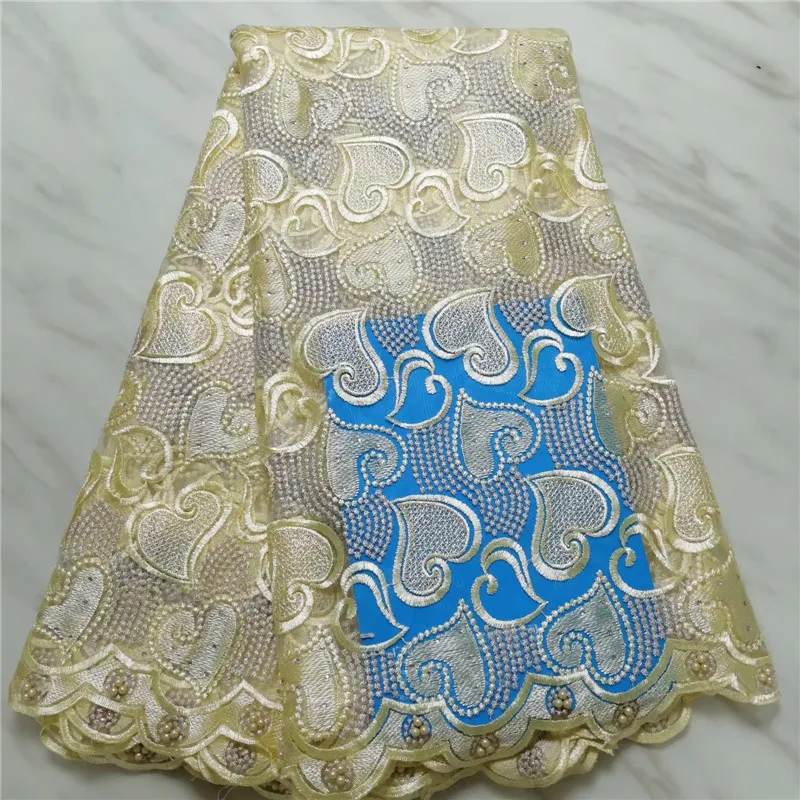 

2019 Latest African Lace Fabric Embroidered Nigerian Guipure Beads Lace High Quality French Tulle Lace For Bridal Wedding Party