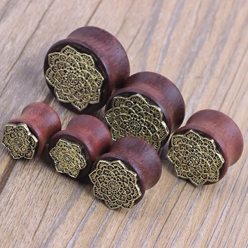 1 пара полых деревянных ушных вилок с цветочным узором для ушей носилки плотных