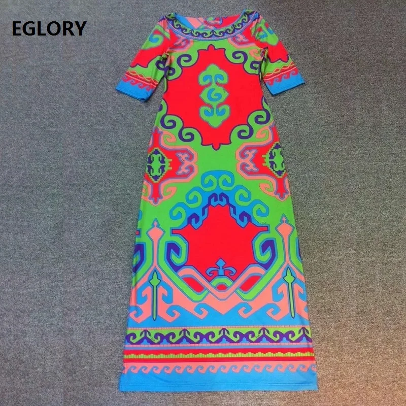 

New 2019 Spring Summer Long Dress Plus Size XXL Women O-Neck Exquisite Print Half Sleeve Floor Length Dress Silk Jersey Vestido