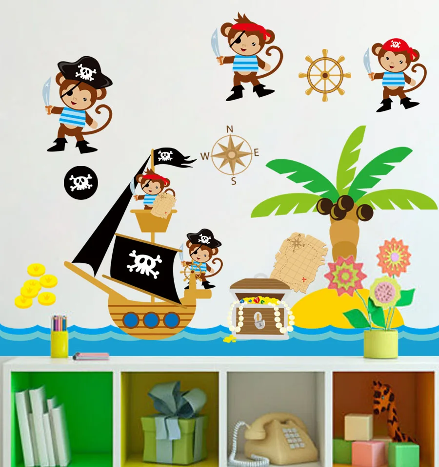 Monkey Pirates Wall Stickers Decal Decor Mural Jungle Children Boys Nursery Poster DIY Gift d991