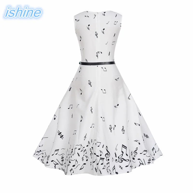 2018 New Design Note Printed Summer Sleevless Women Dresses Vintage Slim Waist White Big Swing With Belt For Beach Party | Женская