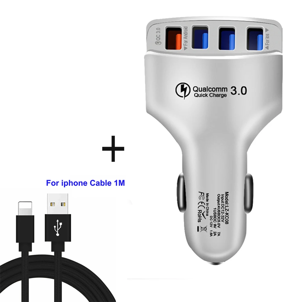 Add iphone cable QC3.0 автомобильное зарядное устройство Quick Charge 3,0 быстрое зарядное устройство 4 порта автомобильное USB зарядное устройство адаптер универсальная Быстрая зарядка для iPhone samsung Xiaomi - Тип штекера: Add iphone cable