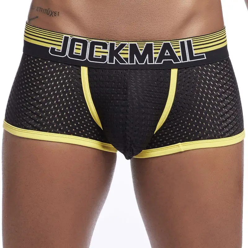 JOCKMAIL новые сексуальные мужские трусы боксеры дышащие сетчатые мужские боксеры мужские трусы Гей пенис мужские трусы мужские Трусы - Цвет: Цвет: желтый
