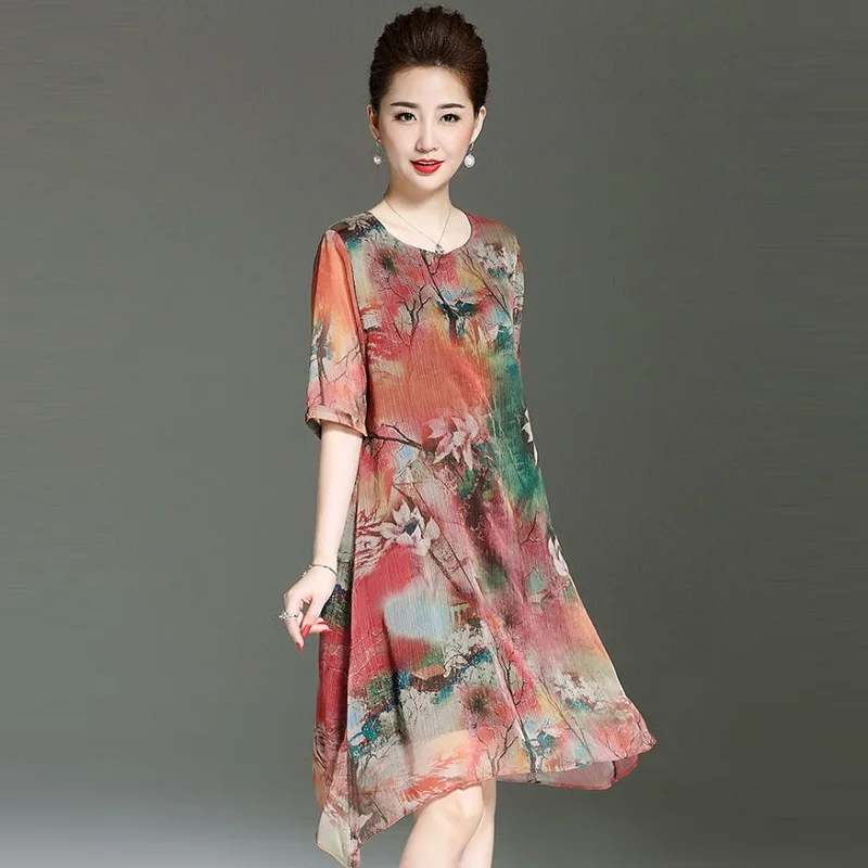 

new women clothing 100% silk dresses print women dresses o-neck national stly clothing elegant women summer dresses