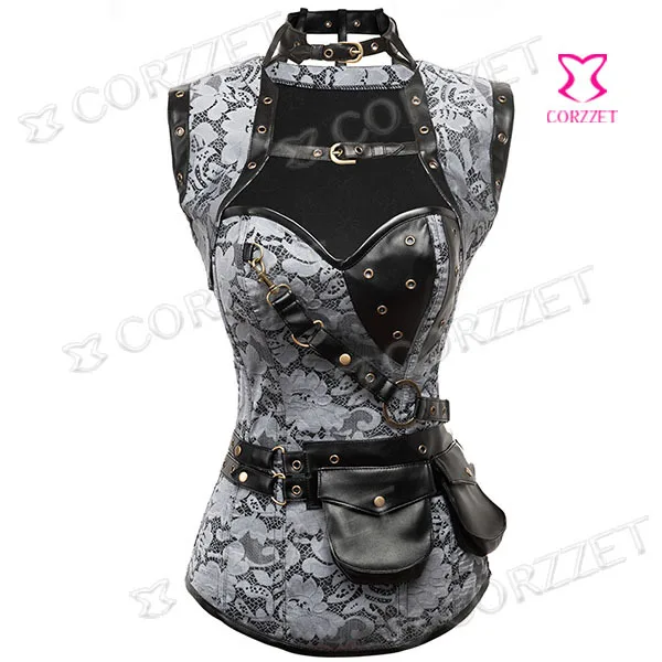 Latex Burlesque Corpete Corselet Women Grey Dobby Zipper Steel Bone Steampunk Corset Gothic Wasit Trainer Corsets And Bustiers