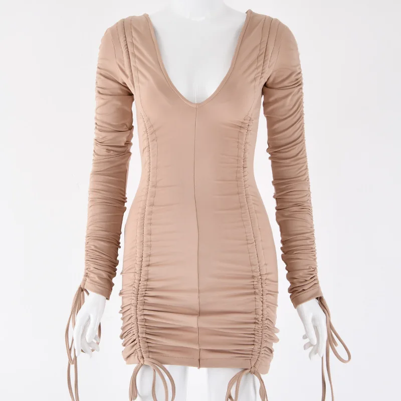 Хаки Hugcitar long sleeve V-Neck sexy mini bodycon dress autumn winter women fashion party club streetwear clothes - Цвет: Хаки