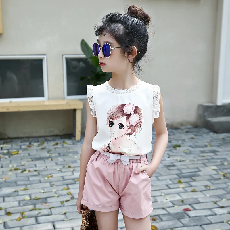 Кружевная футболка без рукавов для девочек подростков + шорты летние комплекты