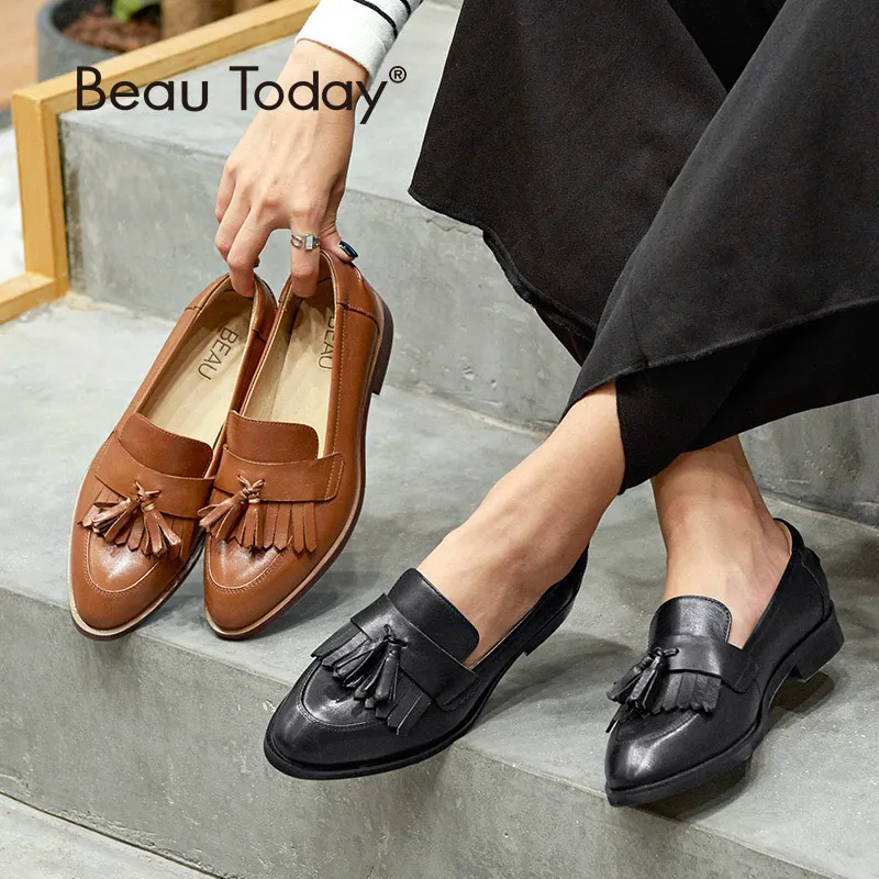 Туфли BeauToday женские из натуральной телячьей кожи лоферы с бахромой и кисточками