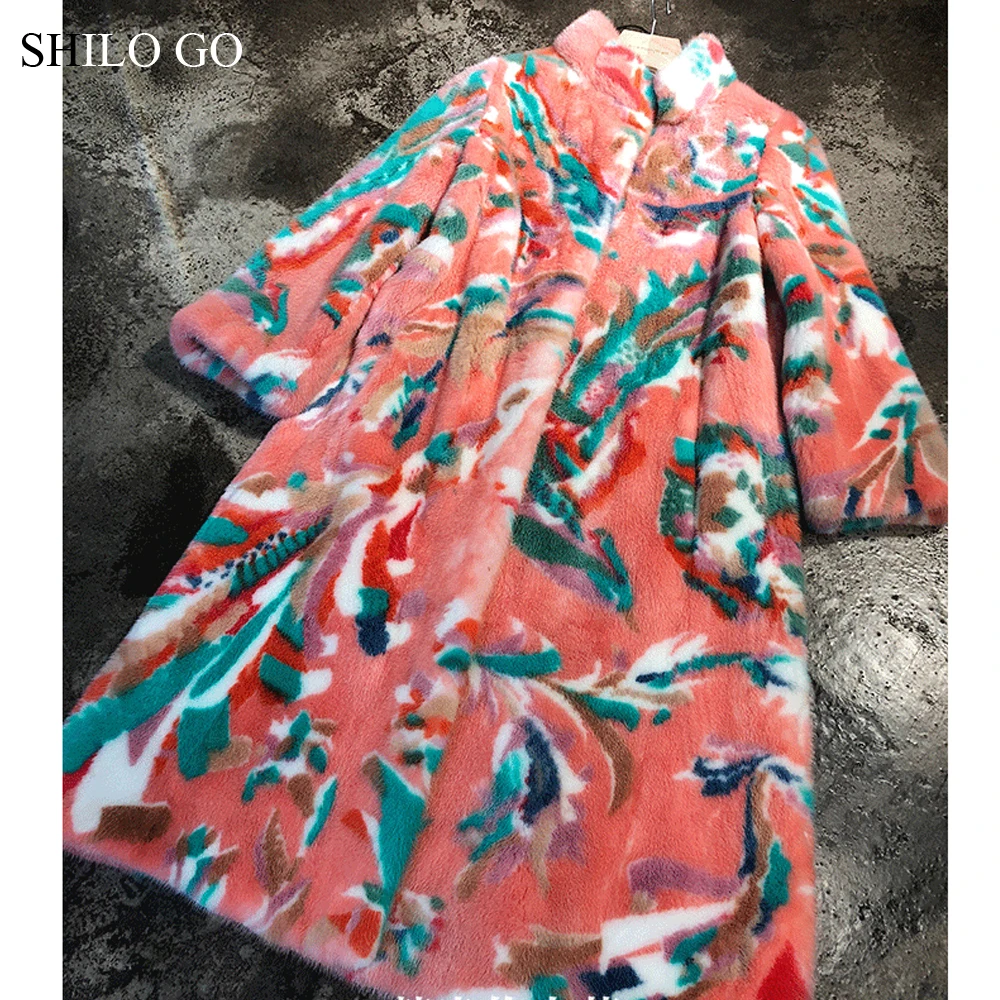 Шуба SHILO GO, женская зимняя мода, цельное натуральное Норковое длинное пальто, воротник-стойка, богемный цветочный принт, длинный рукав, Свободное пальто