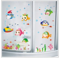 underwater world cartoon baby fish wall stickers for children nursery kindergarten room home bathroom glass decoration