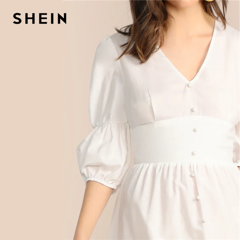 SHEIN Расклешенное Платье С Пуговицами И Оригинальным Рукавом Элегантное Летнее Платье С Средним Рукавом Женские Длинные Платья С V-Образным Вырезом