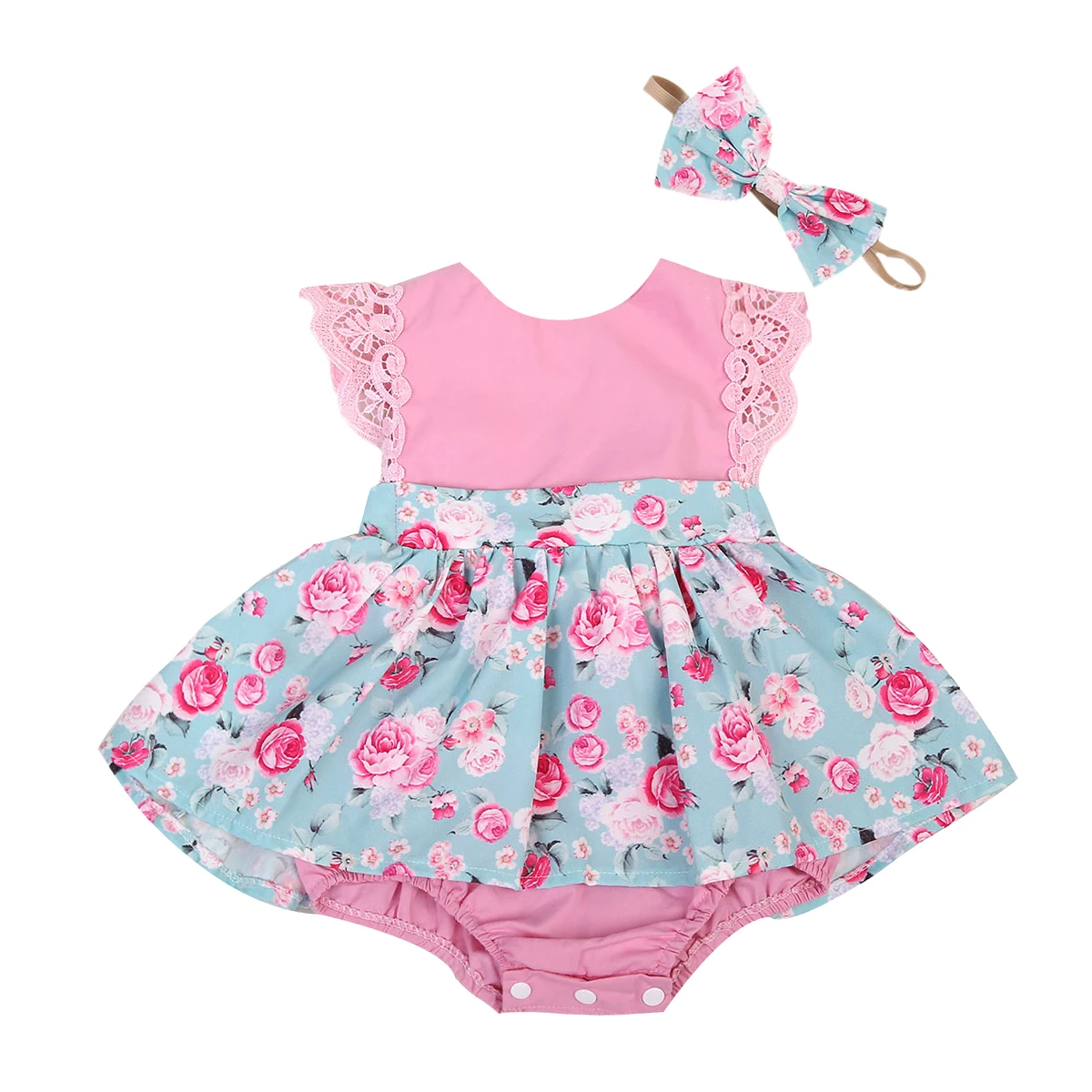 Baby Girls Kids 2Pcs Outfits Set Floral Princess Print Dress Lace Romper +Headband 2pcs Party | Мать и ребенок