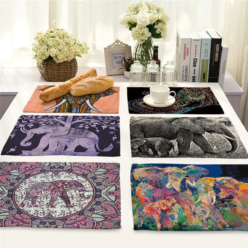 

1Pcs Elephant Pattern Kitchen Placemat Dining Table Mats Cotton Linen Drink Coasters Western Pad Bowl Cup Mat 42*32cm MA0010
