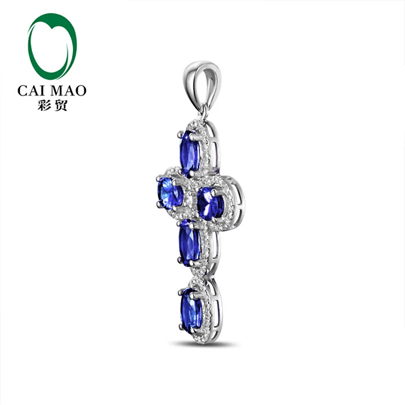 Caimao натуральный 3.35ct Синий танзанит с 0.56ct Pave H SI бриллианты 14 К белого золота обручение кресты кулон