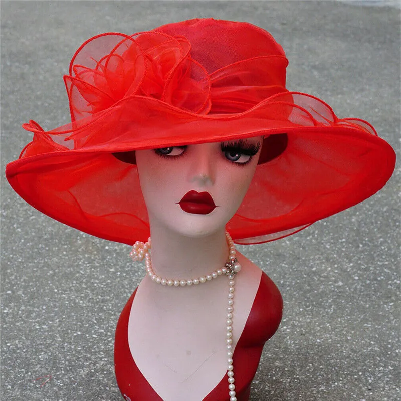 Eleghant Summer Party Formal Women Wide Brim Sun Hat Wedding Church Occasional Organza Caps with 3D Flower Lady | Аксессуары для