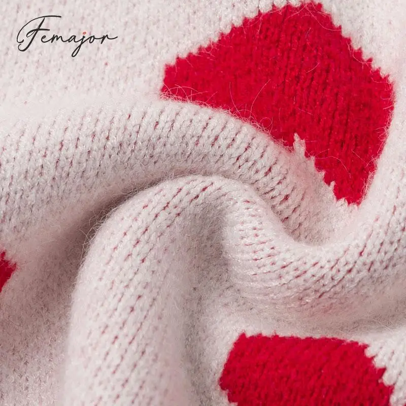 Femajor Women Sweater Autumn Winter Red heart Crochet Casual High Street Loose Lantern Pullover Female White Jumpers | Женская одежда