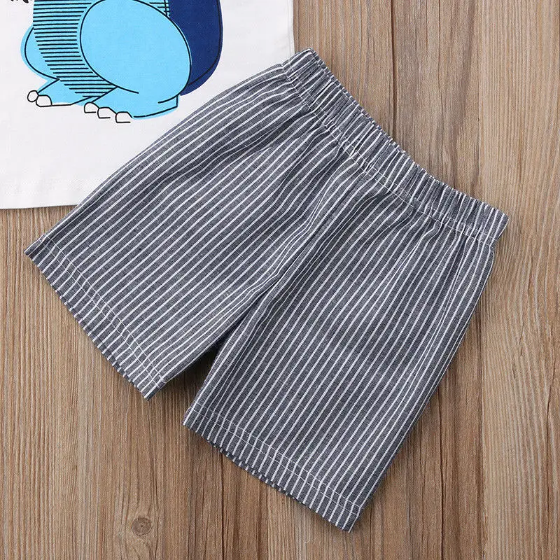 2019 New Summer Toddler Kid Baby Boy Clothes Causal Dinosaur T-shirt Top Tee Strip Short Pants Outfits Set 2PCS | Детская одежда и