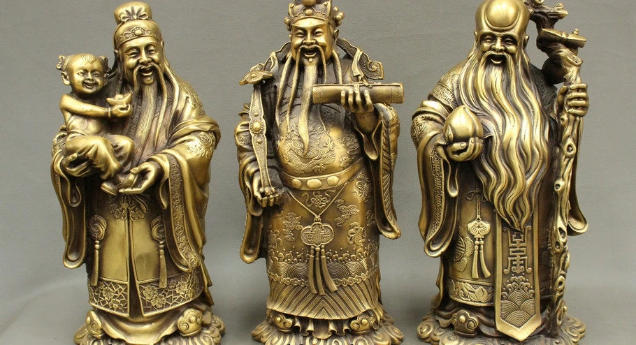 SCY 14 &quotфолк китайская Бронзовая здоровая звезда 3 Бог долголтия Фу Лу Шу статуя&quot