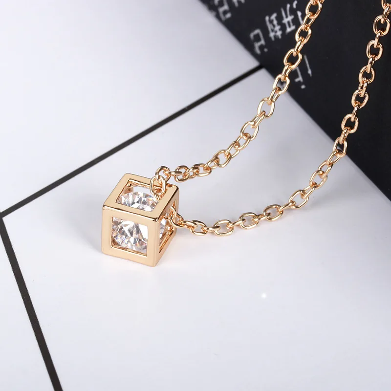 2017 New Fashion Crystal Zircon Cube Box Pendant Necklace For Women Jewelry Gold Color Silver Chain Necklaces Wholesale | Украшения и