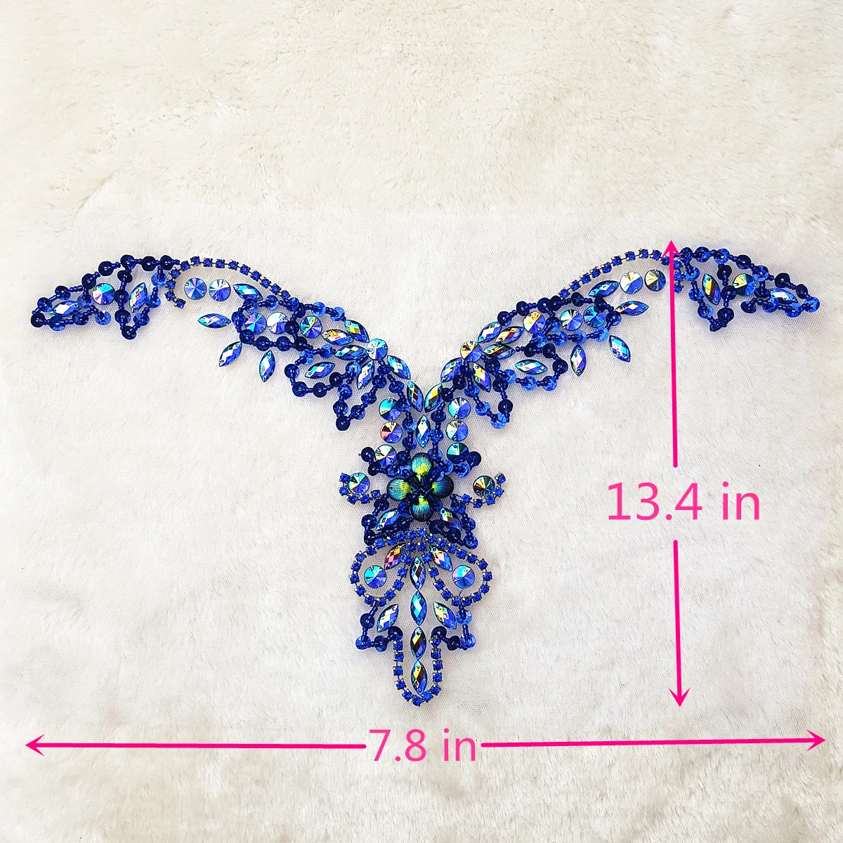 

HANDMADE V-neck Sequin Cosplay Blue AB Sew On Neckline Rhinestone Applique Design Patch Sewing for DIY Decoration 20x34cm Crafts