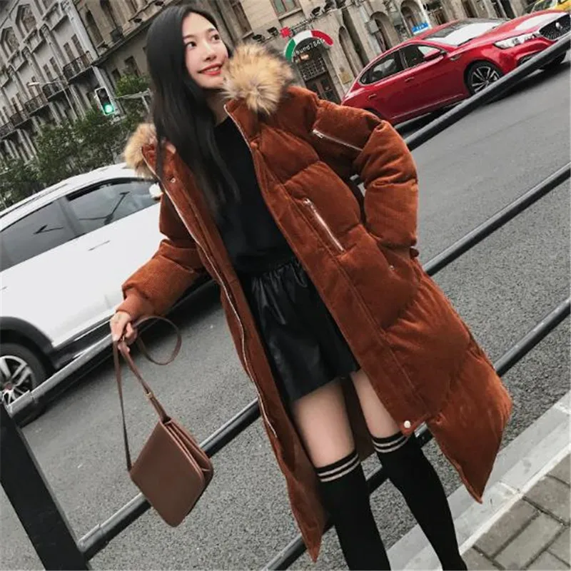 New High Quality Corduroy Hooded Coat Womens Winter Cotton Padded Jacket Warm parka long Loose end Student Outerwear A0804 | Женская