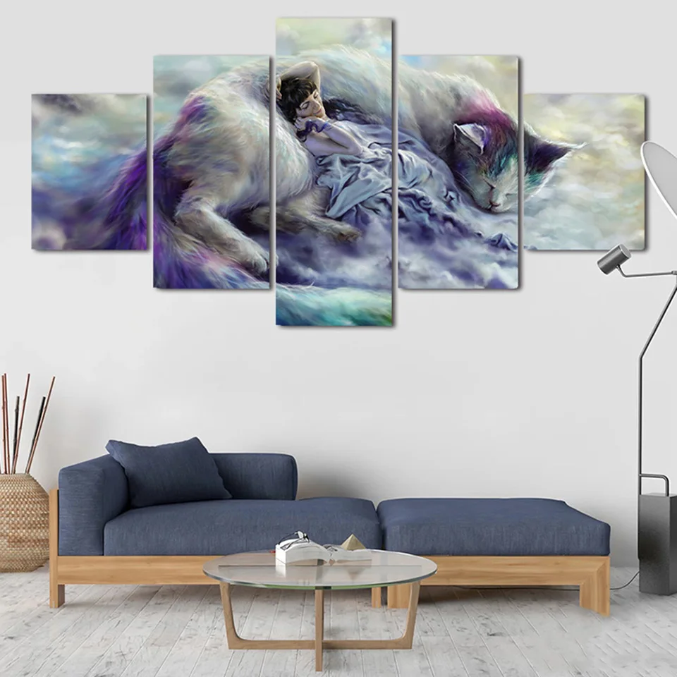 HD печатные фотографии для гостиной современные 5 панелей Ангел фея девушка кот