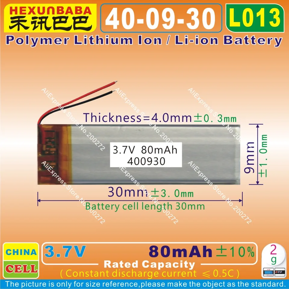 Фото 10 шт. [L013] 3 7 в 80 мАч [400930] полимерный литий ионный/литий ионный аккумулятор для(China)