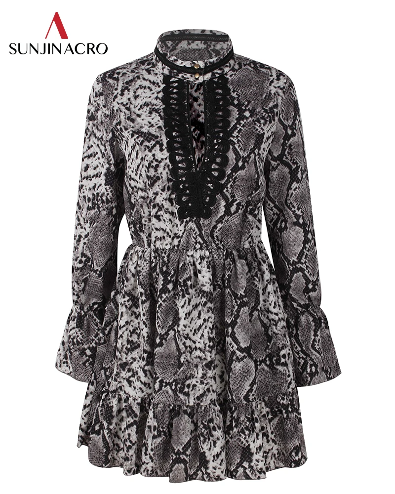 SUNJINACRO 2019 New Spring Women Sexy Dress Leopard Print Dresses Deep V neck Flare Sleeve Chiffon Lace Patch Mini Party | Женская